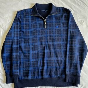 Nautica Blue & Black Plaid Quarter Zip Sweatshirt Size XXL